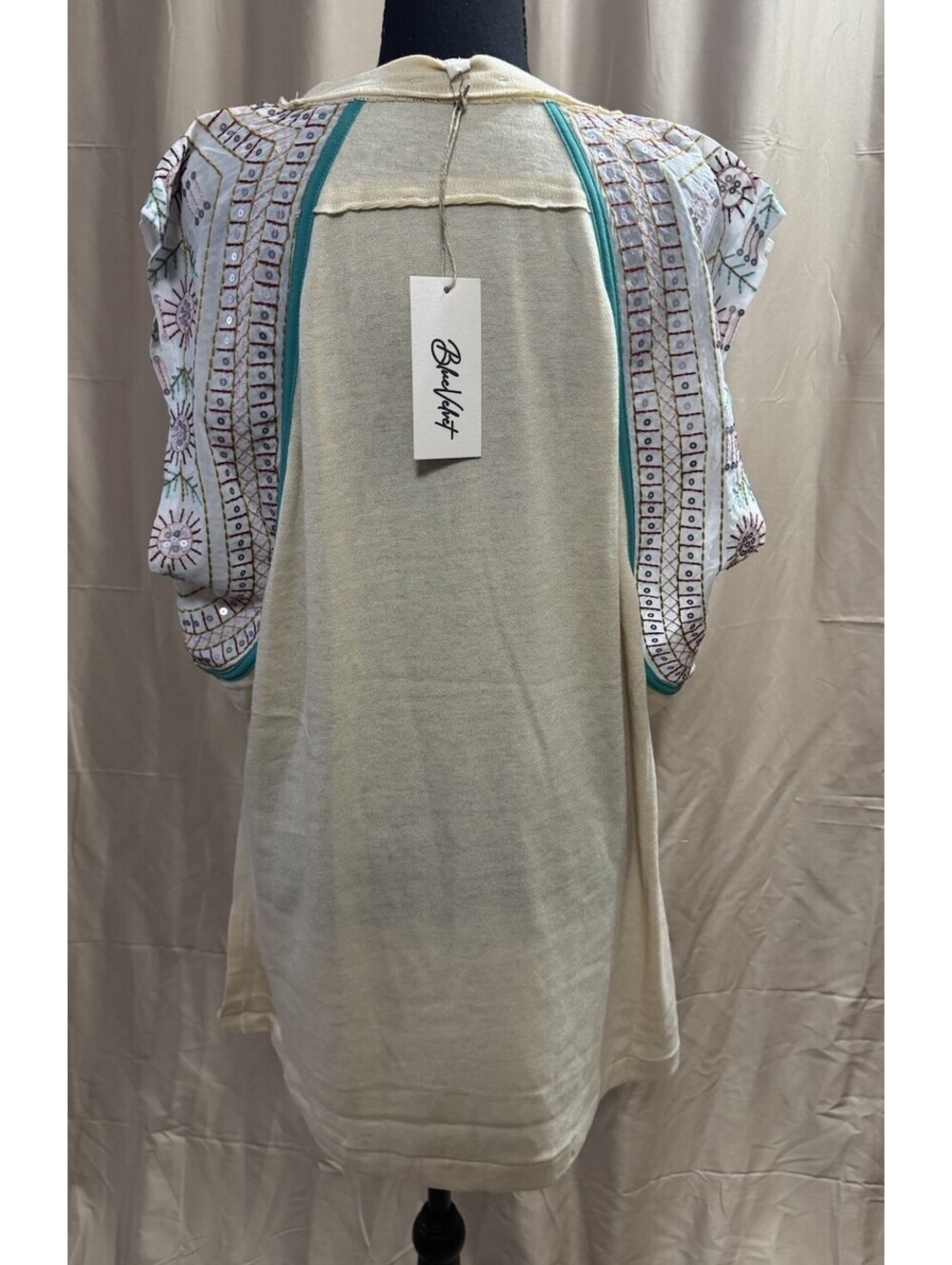 Blue Velvet XL Boho Embroidered Sequin Tunic Top Beige Turquoise NWT - Picture 6 of 13